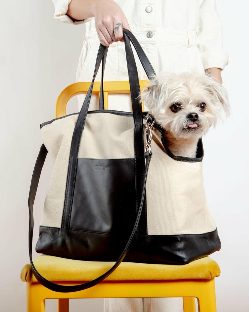 Bags + Carriers |   Black Leather & Natural Canvas Luxe Dog Carrier (Made In Mexico)(Dog & Co. Exclusive) Bags + Carriers Bags + Carriers