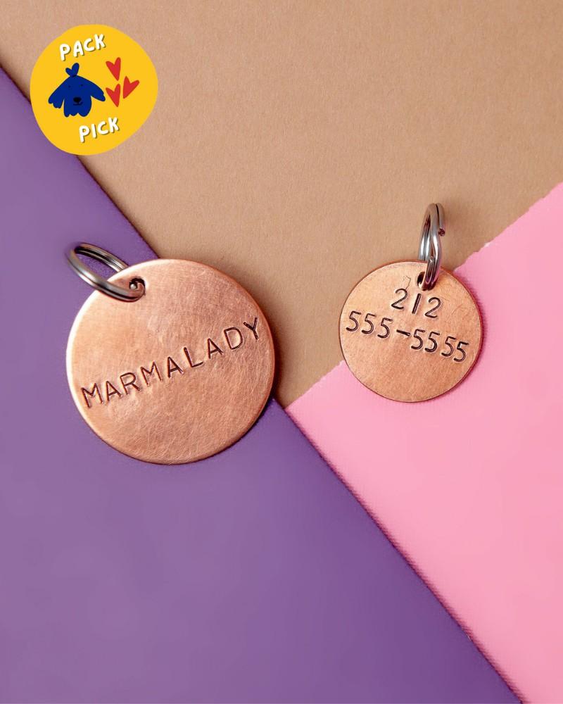 Charms + Tags |   Custom-Stamped Round Pet Name Tag In Copper, Brass, Or Aluminum (Custom/Drop-Ship) Charms + Tags Charms + Tags