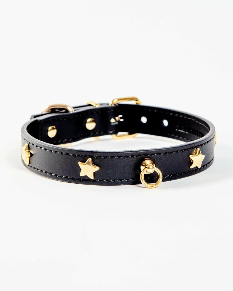 Collars |   Black Nara Leather Dog Collar With Brass Stars (Made In Italy) Collars Collars