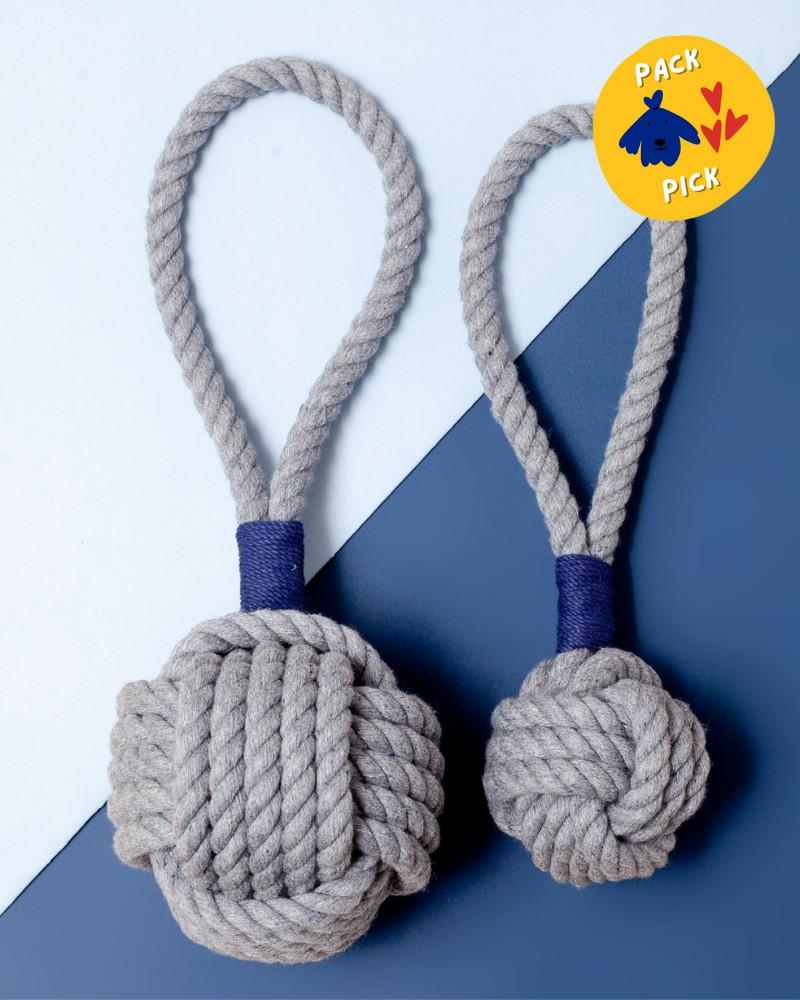 Rope, Rubber + Tough Toys |   Monkey Fist Rope Dog Toy In Gray With Navy Whipping (Made In The Usa) Play Rope, Rubber + Tough Toys