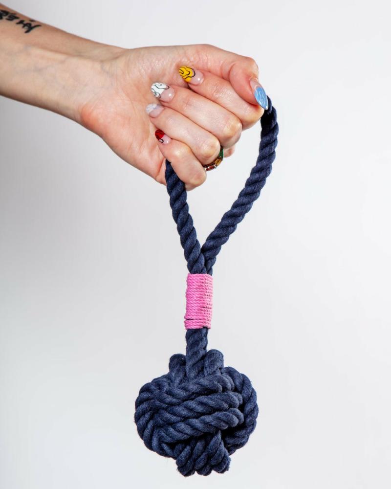 Rope, Rubber + Tough Toys |   Monkey Fist Rope Dog Toy In Navy With Pink Whipping (Made In The Usa) Play Rope, Rubber + Tough Toys