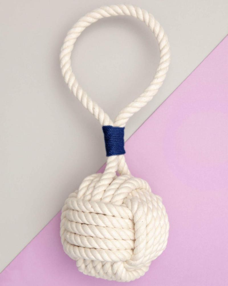 Rope, Rubber + Tough Toys |   Monkey Fist Rope Dog Toy In White With Navy Whipping (Made In The Usa) Play Rope, Rubber + Tough Toys